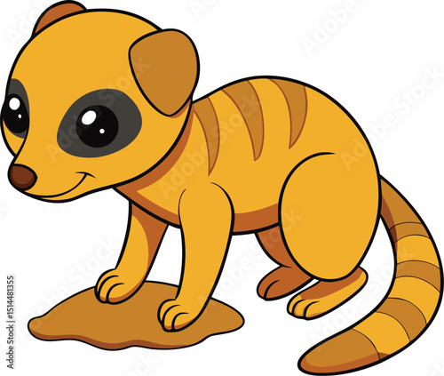 Playful meerkat digging in the desert on white background