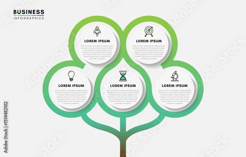 Infographics design template, tree diagram with 5 steps or options, vector illustration.