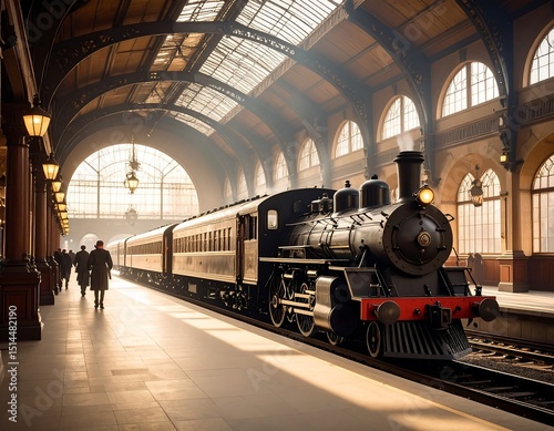 Vintage train station with steam locomotive