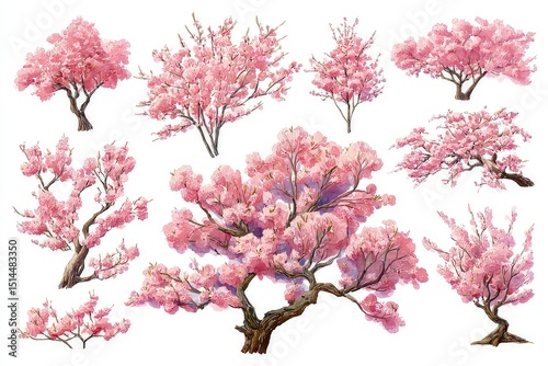 Pink blossom trees in artistic illustration. stylized spring floral concept with varying shapes and branch structures isolated on white background