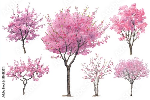 Pink blossom trees in artistic illustration. stylized spring floral concept with varying shapes and branch structures isolated on white background