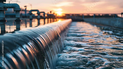 Water recycling infrastructure showcasing circular closed-loop system at sunset in water treatment facility.