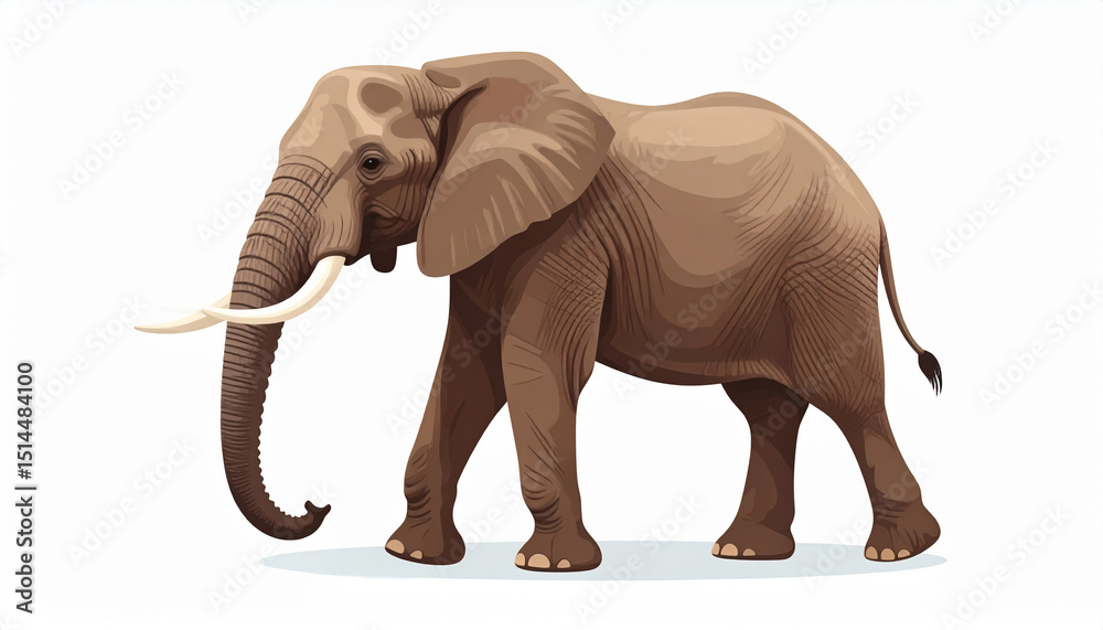 Obraz premium African elephant animal with large ears and tusks walking on white background, showing detailed skin texture and trunk in natural pose
