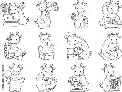 Coloring pages of Set Vector Stock Illustrations Isolated of Baby Giraffe.
Outline of Cute giraffe animals with various activities.