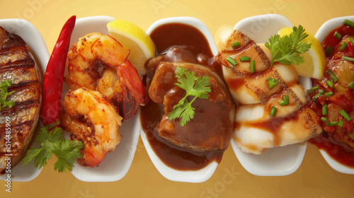 Assorted gourmet Chinese dim sum dishes served in small bowls with fresh garnishes including cilantro and lemon slices, highlighting traditional Asian cuisine