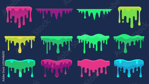 Twelve vibrant and colorful dripping paint splatter designs, perfect for adding a playful and dynamic touch to your projects.