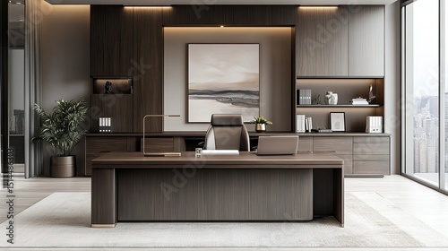 A modern office interior with a large desk, chair, and built in shelving and a large painting