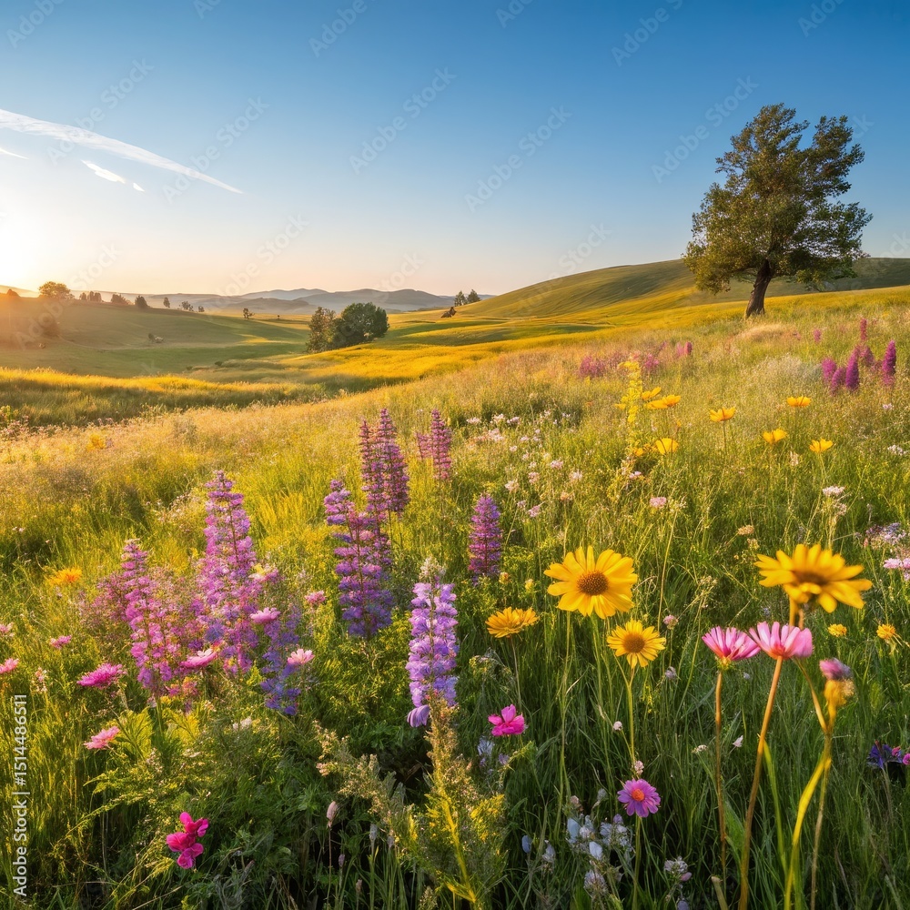 Obraz premium Golden Meadow Wildflowers Bloom at Sunrise, landscape ,nature