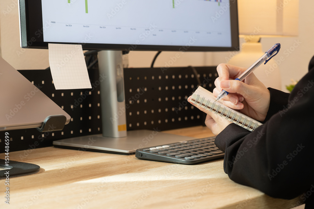 Fototapeta premium Hands Writing in Notebook, Analyzing Financial Data on Office Monitor.