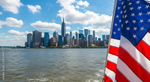 American Flag and New York City Skyline on a Sunny Day