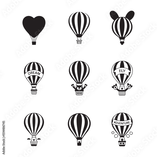 A set of nine simple black and white hot air balloon illustrations on white