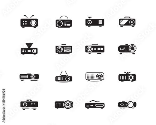 a set of black and white icons representing different types of projectors and TVs.