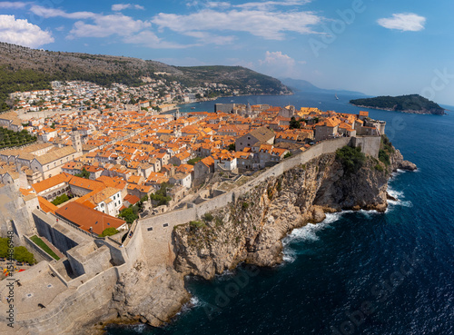 Fototapeta Naklejka Na Ścianę i Meble -  Aerial panorama of the coastal city of Dubrovnik. High angle view of the Croatian coast and the old town summer tourist attraction