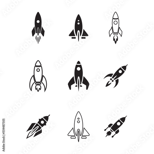 set of nine simple, black silhouette rocket icons is perfect for use in presentations, web design, or any project needing a futuristic, dynamic element.