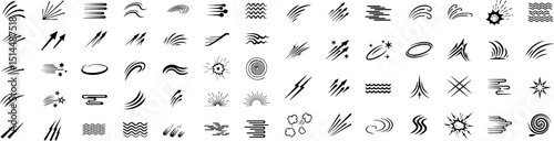 Set of dynamic vector elements featuring comic-style speed lines, motion streaks, impact strokes, swooshes, and swirl effects in expressive anime sketch ink style, ideal for action scenes.