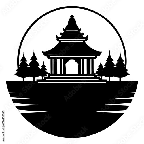 "Zen Temple Silhouette with Trees and Water Reflection – Circle Emblem"

