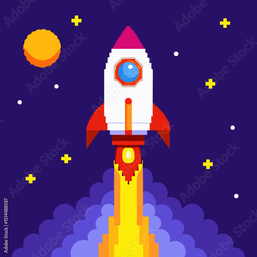 rocket in space Spaceship Launching into the Universe – Flat Vector

