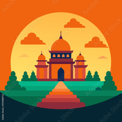 "Indian Architecture Silhouette with Sunset and Trees – Vector Art"

