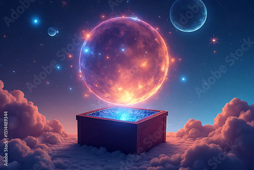 magical storage chest with the lid open to expose a serene universe inside, featuring detailed celestial formations