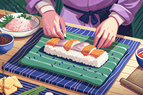 Hands rolls rice, salmon with makisu vector food. Character makes sushi, cooks Asian meal, prepares eating on kitchen worktop illustration