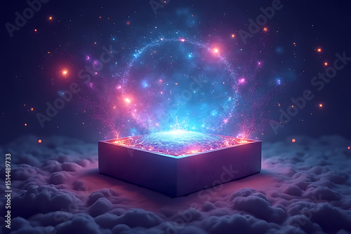 surreal treasure chest with a miniature cosmic scene emerging from within, rich in vibrant space elements and detailed textures