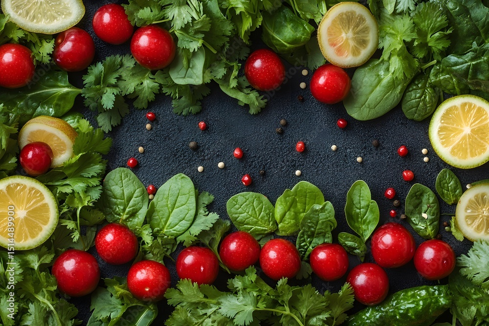 Fresh Ingredients for Healthy Cooking: Radishes, Lemon Slices, Spinach, and Herbs on Dark Background