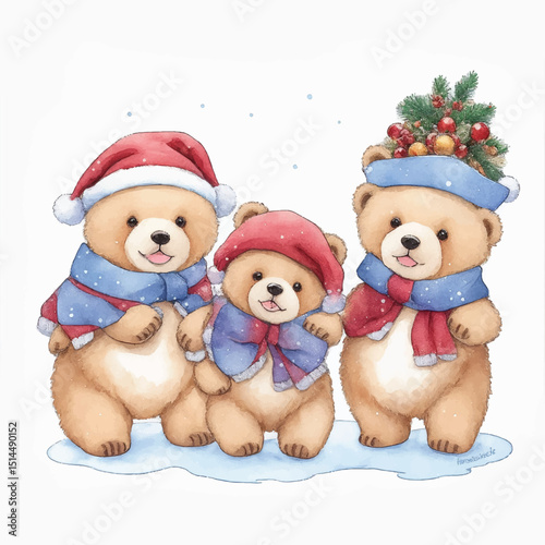 Three bear cartoon stickers in the snow on Christmas Day