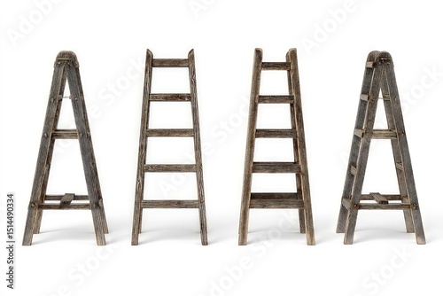Rustic wooden ladder collection, natural woodgrain texture highlighting functional and decorative uses in home and industry isolated on white background