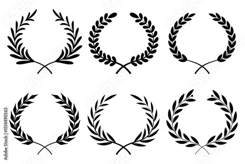 Set of circular laurel wreath. Emblem floral Greek branch of oak leaves, eucalyptus leaf, Wheat, winner award, champion medal, swirls, twigs and flower ornaments vector