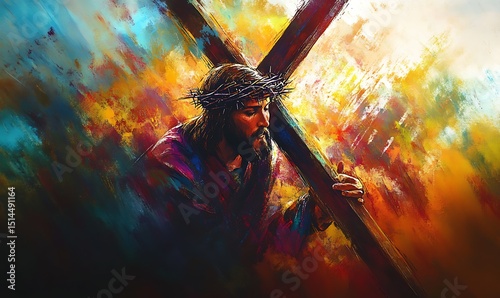 jesus Christ carrying cross, abstract original art portrait, easter and good friday. Generative Ai