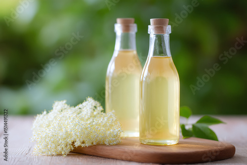 Elderflower cordial in glass bottles on wooden table