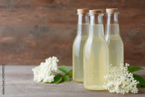 Elderflower cordial in glass bottles on wooden table
