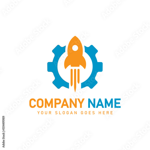Cog wheel and rocket launch logo design vector template