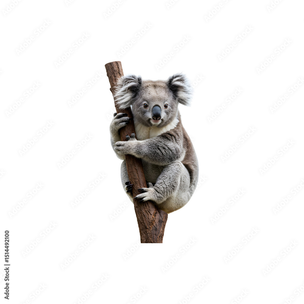 Obraz premium Cute koala clinging to a tree trunk with fluffy ears on white background