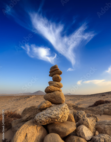 Stacked rocks under a dramatic blue sky.
