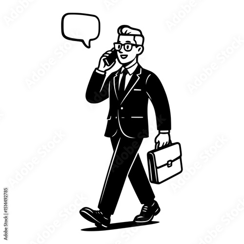 A cartoon man in a business suit carrying a briefcase, standing and talking on a cell phone, with a speech bubble