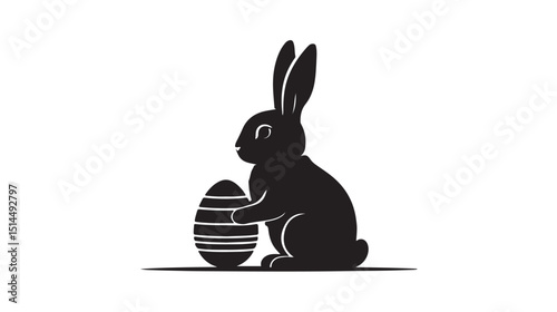 Silhouetted easter bunny holding a decorated egg on a solid white background