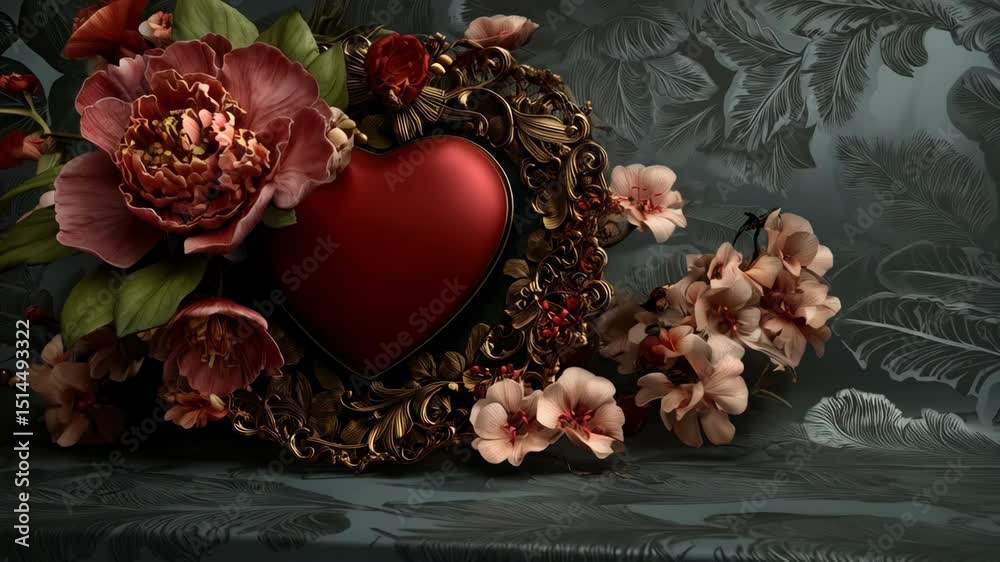Elegant red heart framed by gold ornaments and peach blossoms on leafy background