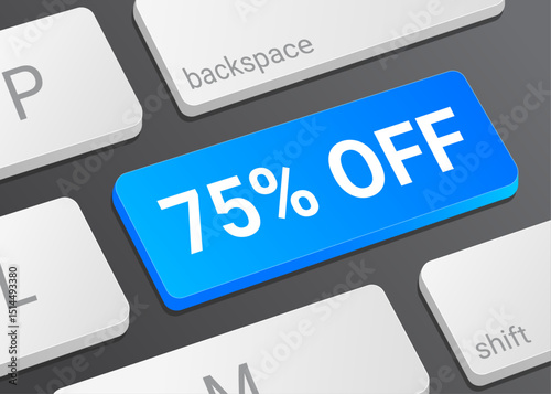 75% Off Button on Computer Keyboard with White Text for Discount Offer Online Shopping Ecommerce Marketing and Interface Close Up Illustration