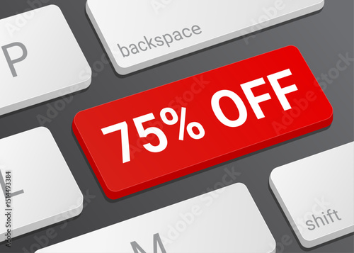 75% Off Button on Computer Keyboard with White Text for Discount Offer Online Shopping Ecommerce Marketing and Interface Close Up Illustration