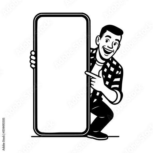 A young man peeking out from behind a large smartphone frame vector art