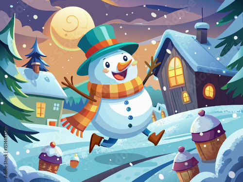 vector of A cute energetic snowman in a scarf and hat running in a snow-covered scene embracing the fun of the winter festival.
