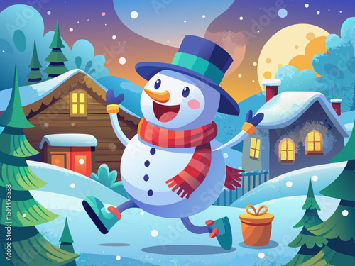 vector of A cute energetic snowman in a scarf and hat running in a snow-covered scene embracing the fun of the winter festival.
