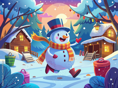 vector of A cute energetic snowman in a scarf and hat running in a snow-covered scene embracing the fun of the winter festival.
