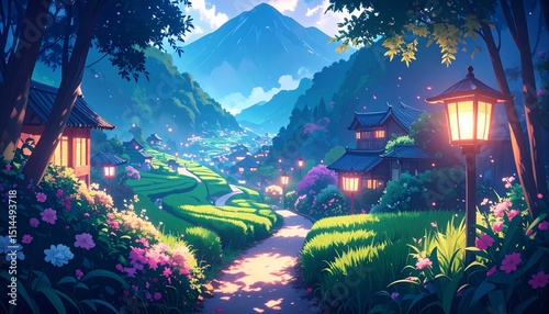 Tranquil Japanese Village in Spring with Cherry Blossoms
