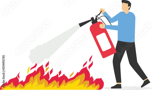 Caucasian office worker man holds red fire extinguisher. Cartoon people extinguishes fire, isolated on white background. Foam puts out flame. stock illustration

