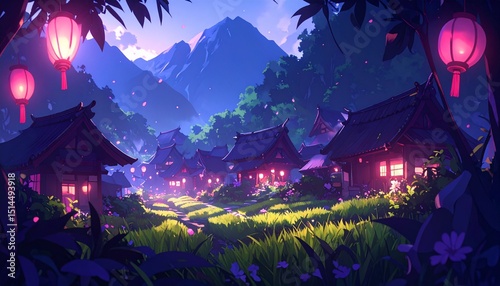 Tranquil Japanese Village in Spring with Cherry Blossoms