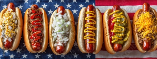Classic American hot dogs served in soft buns, topped with festive patriotic garnishes, resting on a checkered tablecloth. lively party ,Independence Day street food celebrations.