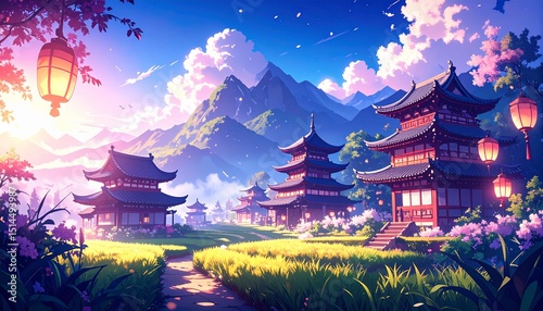 Tranquil Japanese Village in Spring with Cherry Blossoms