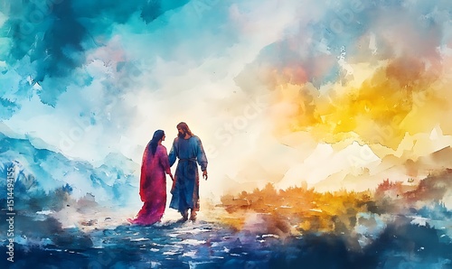jesus meets his mother on the way to calvary dgital watercolor painting. Generative Ai